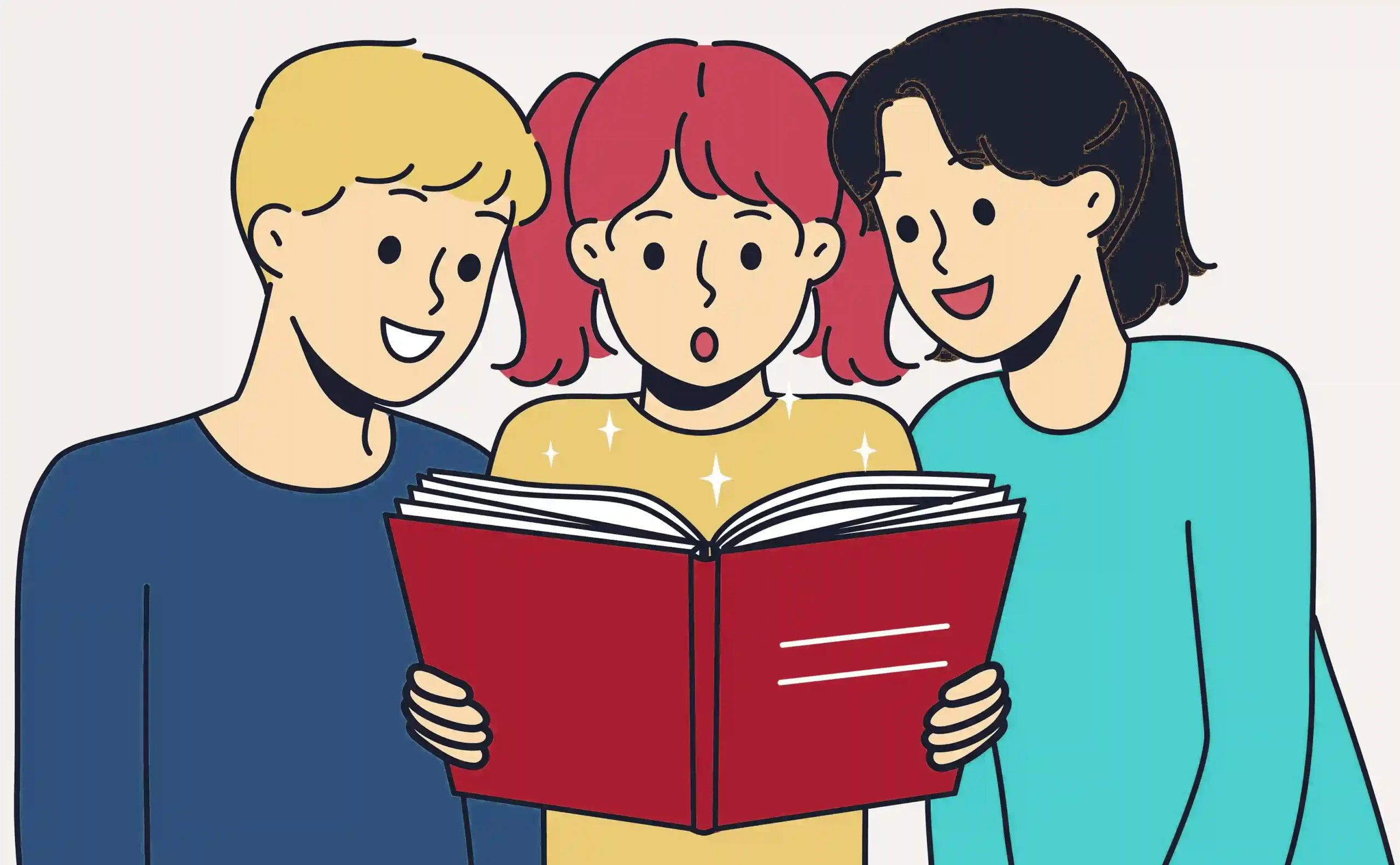 Three children excitedly reading a book together. Learning resources.
