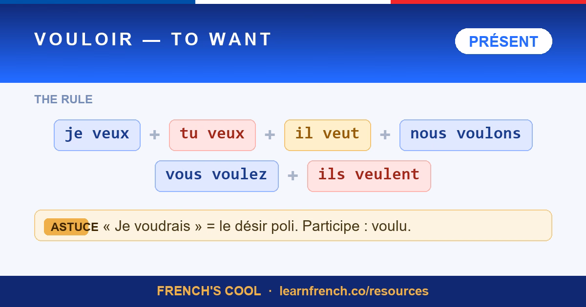 French verb poster: Vouloir — to want, present tense conjugation