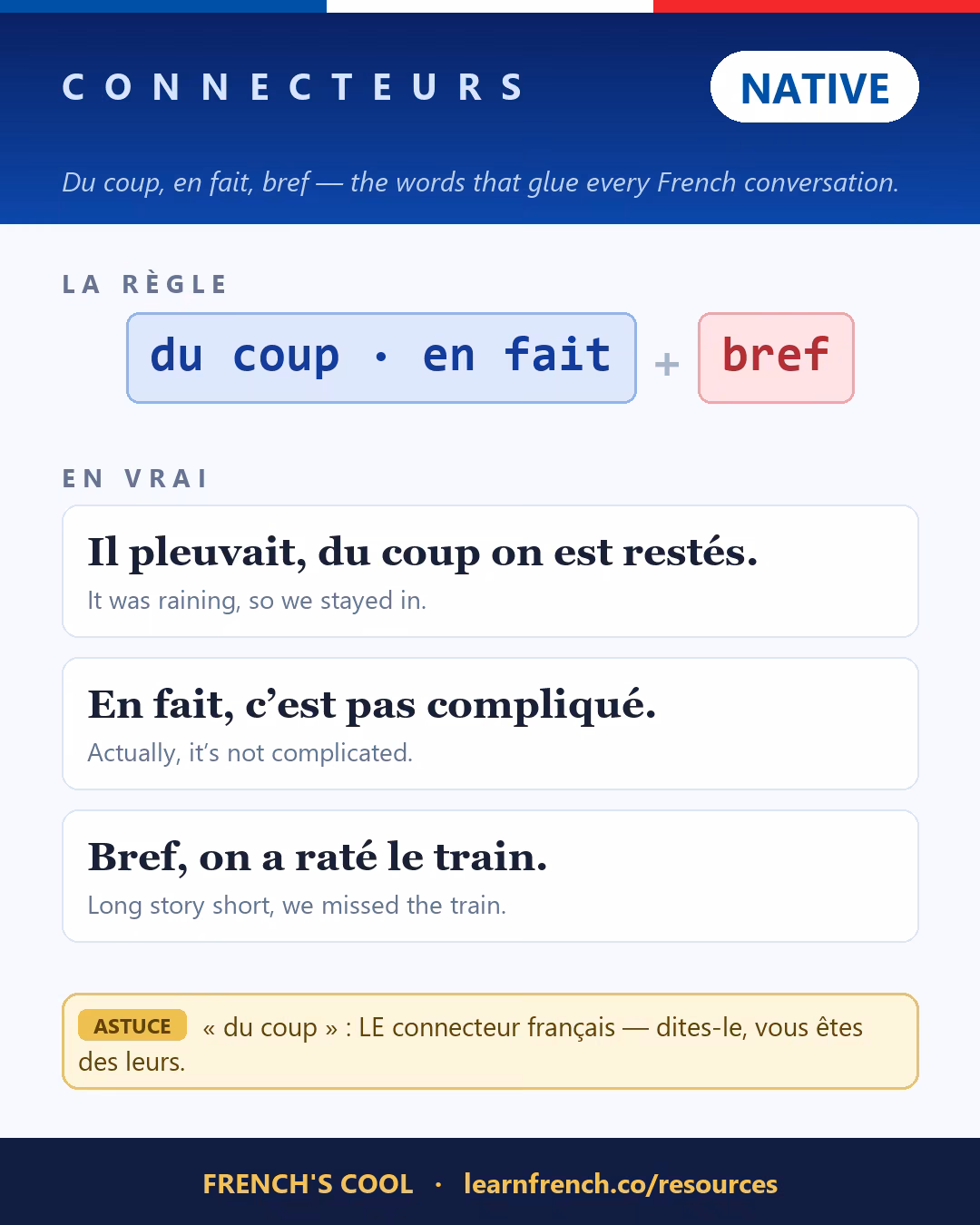 French grammar poster: Les connecteurs logiques at level Native